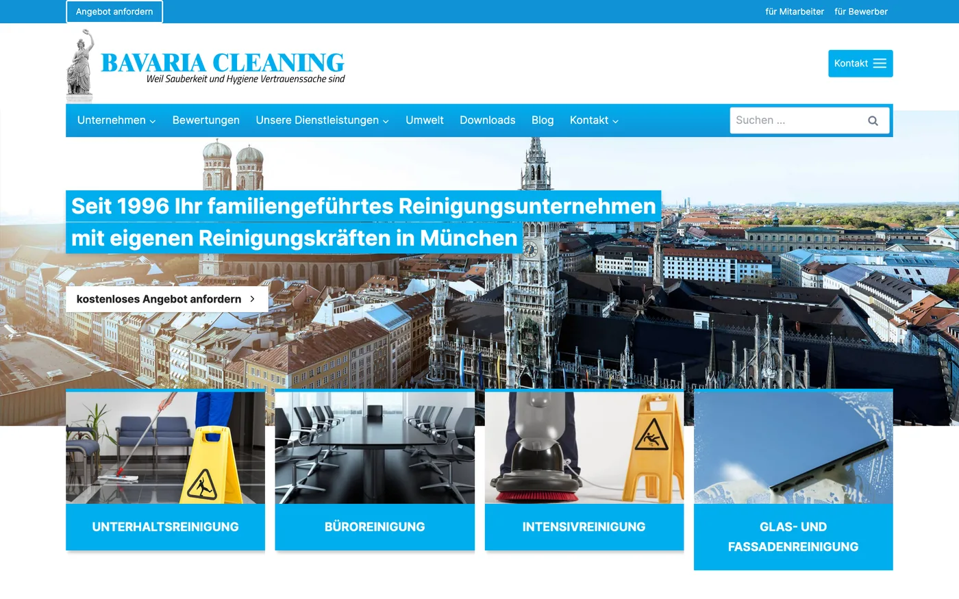 Homepage of Bavaria Cleaning: “Seit 1996 Ihr familiengeführtes Reinigungsunternehmen mit eigenen Reinigungskräften in München” (your family-run cleaning company in Munich since 1996, with its own staff)