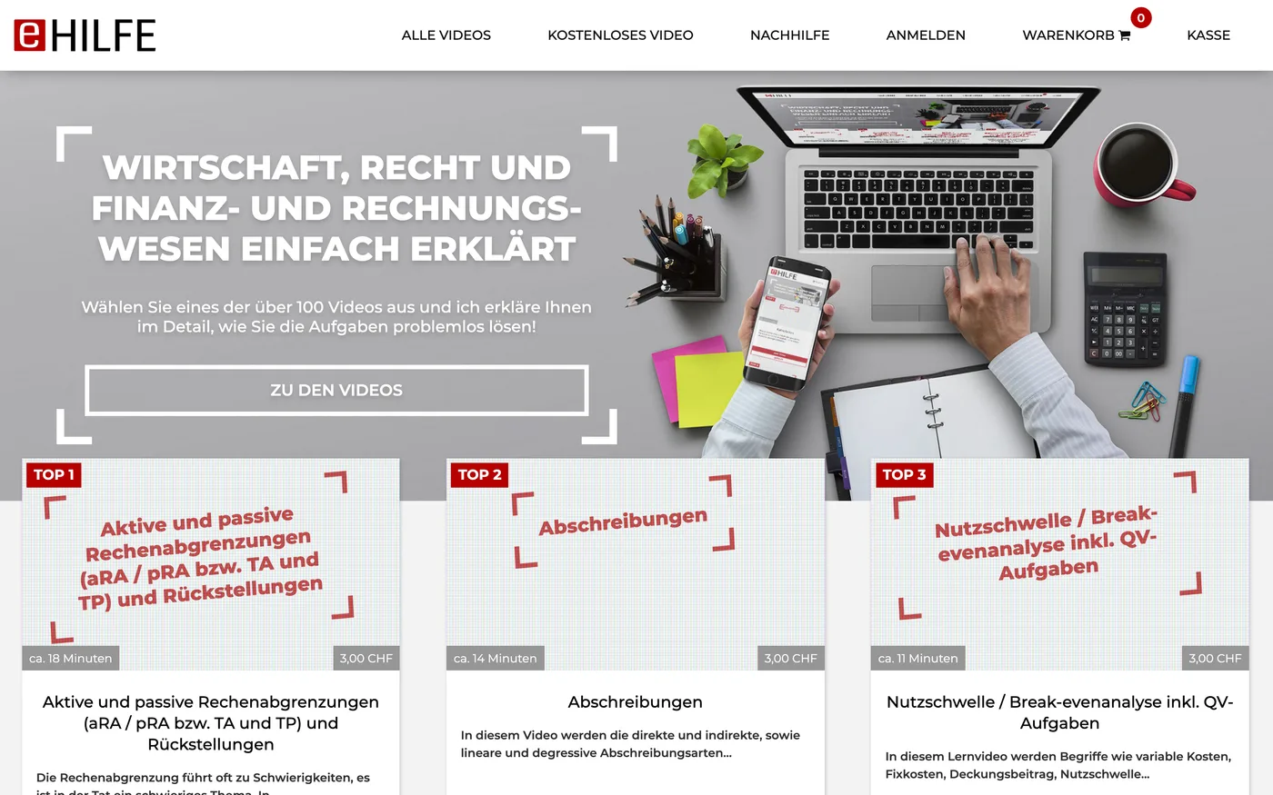 Homepage of e-Hilfe: “Wirtschaft, Recht und Finanz- und Rechnungswesen einfach erklärt” (business, law, finance and accounting explained simply)