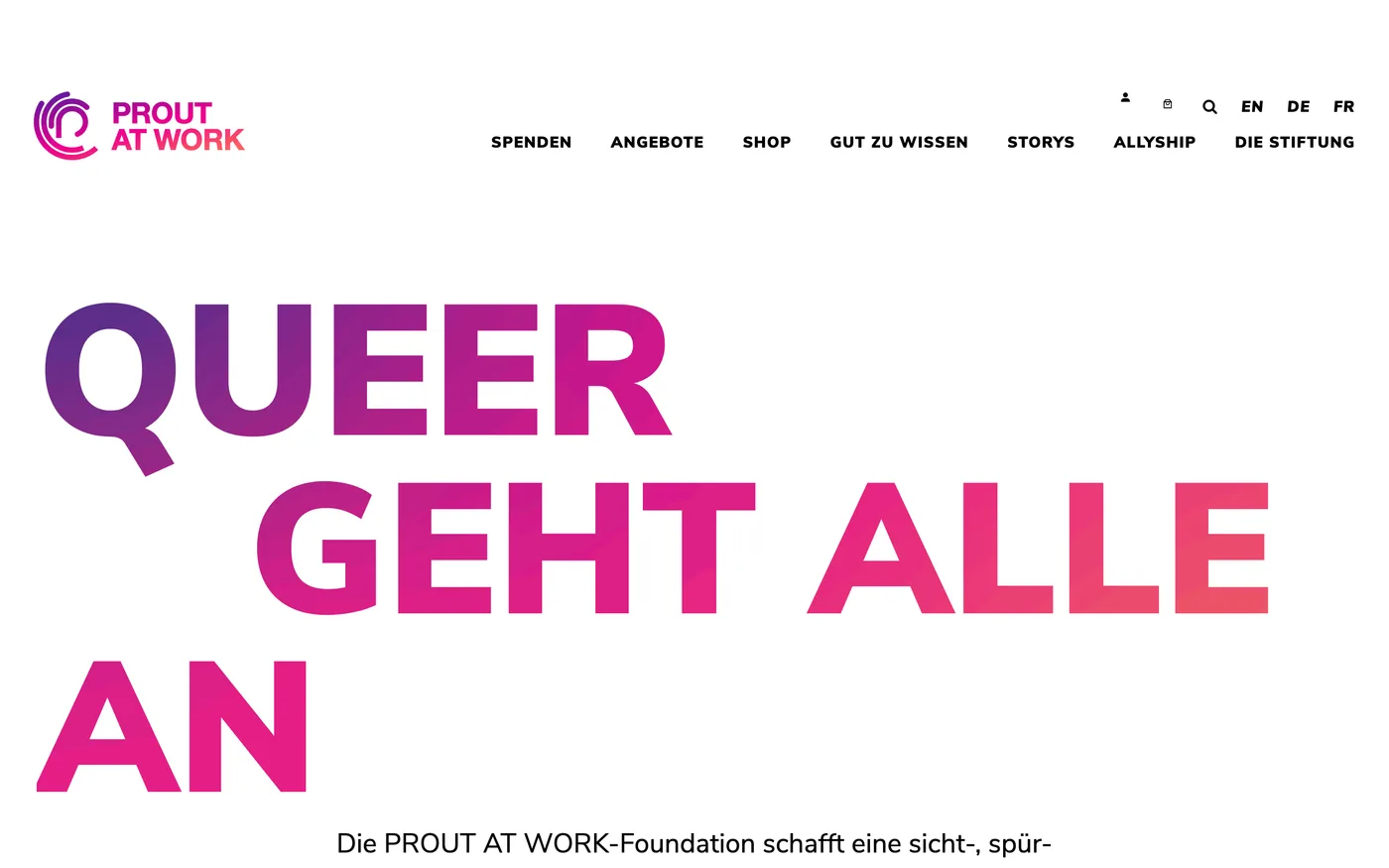 Homepage of Prout at Work: “Queer geht alle an” (queer concerns everyone)