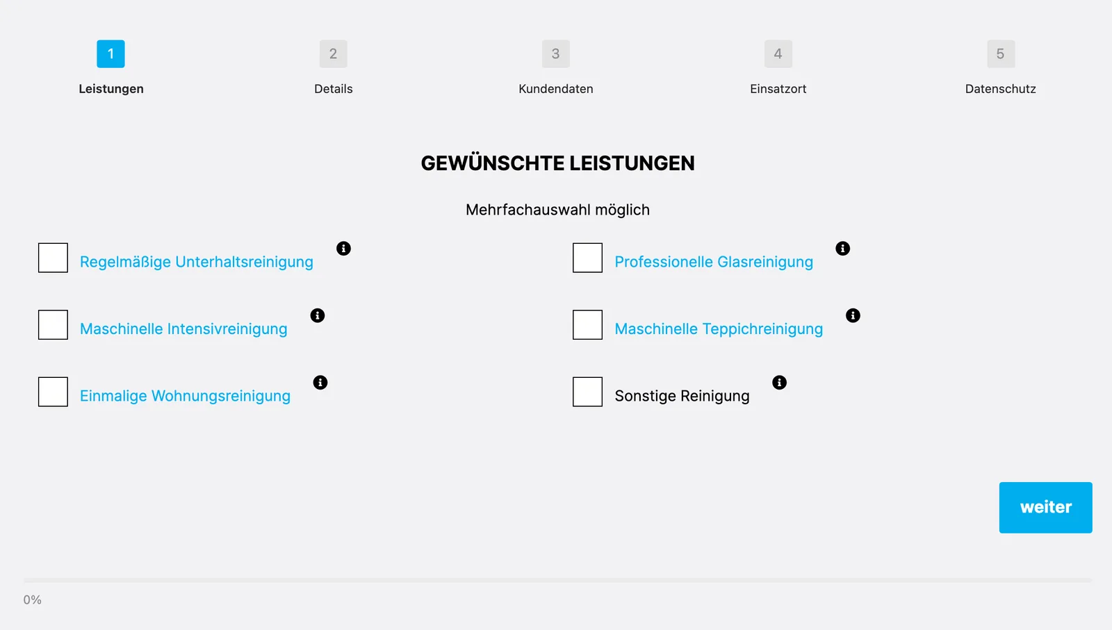 Bavaria Cleaning inquiry form in five steps, step 1: tick the services you need
