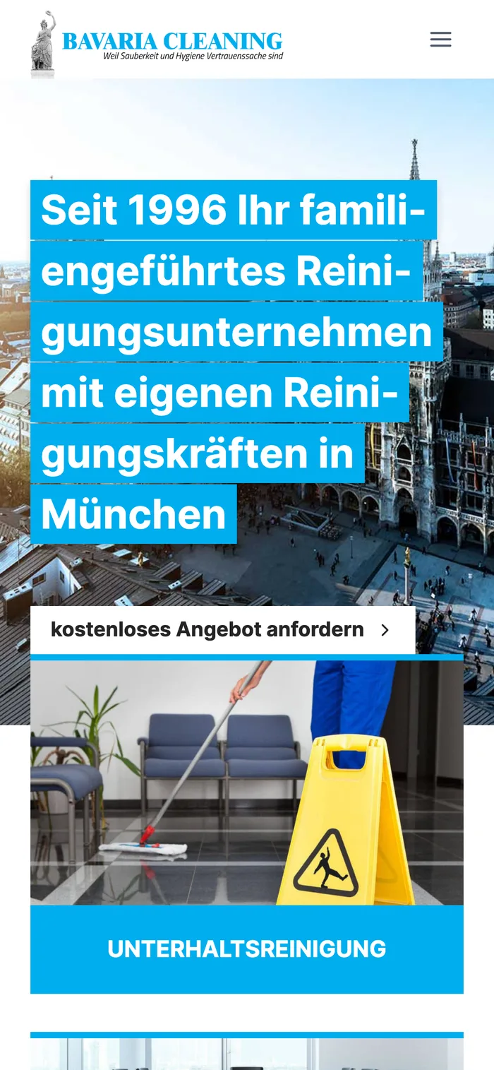 Bavaria Cleaning homepage on a phone with the headline “Seit 1996 Ihr familiengeführtes Reinigungsunternehmen” (your family-run cleaning company since 1996)