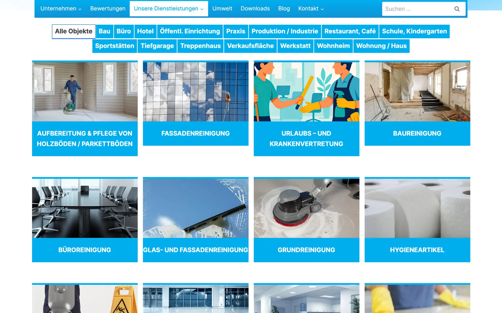 Services overview of Bavaria Cleaning: filter by property type and tiles for the cleaning services