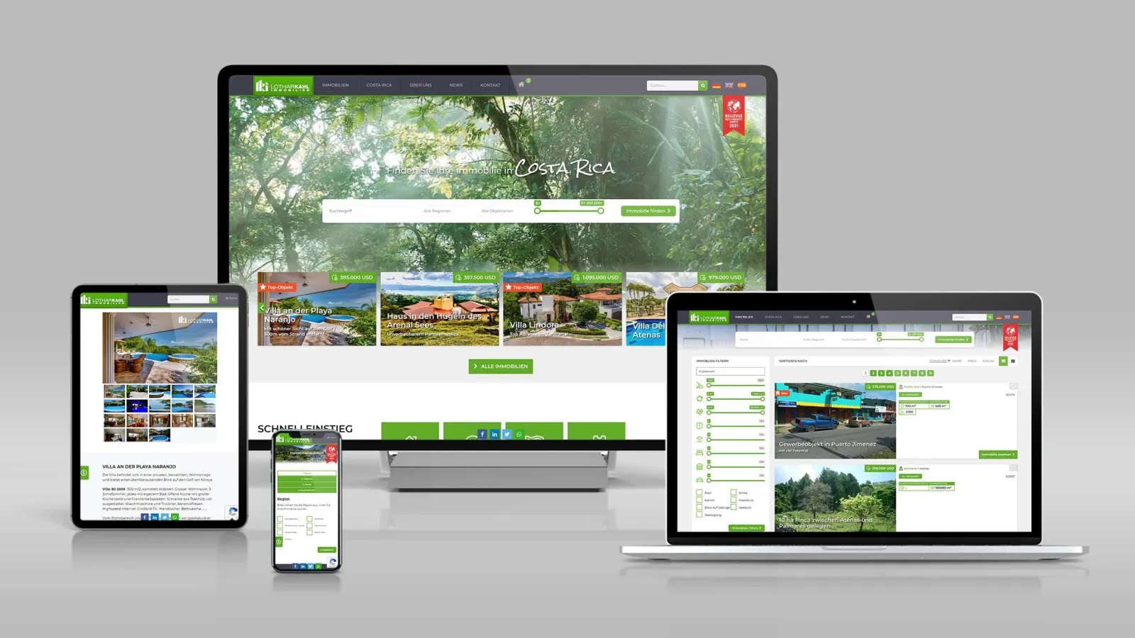 Website von Costa Rica Immobilien auf verschiedenen Geräten