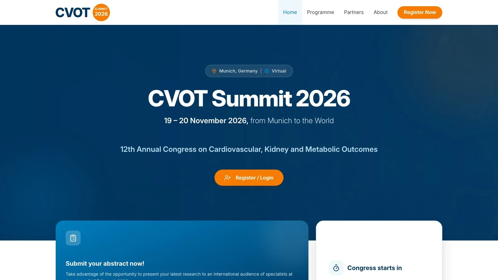 Homepage of the virtual congress platform CVOT Summit 2026 on cvot.org