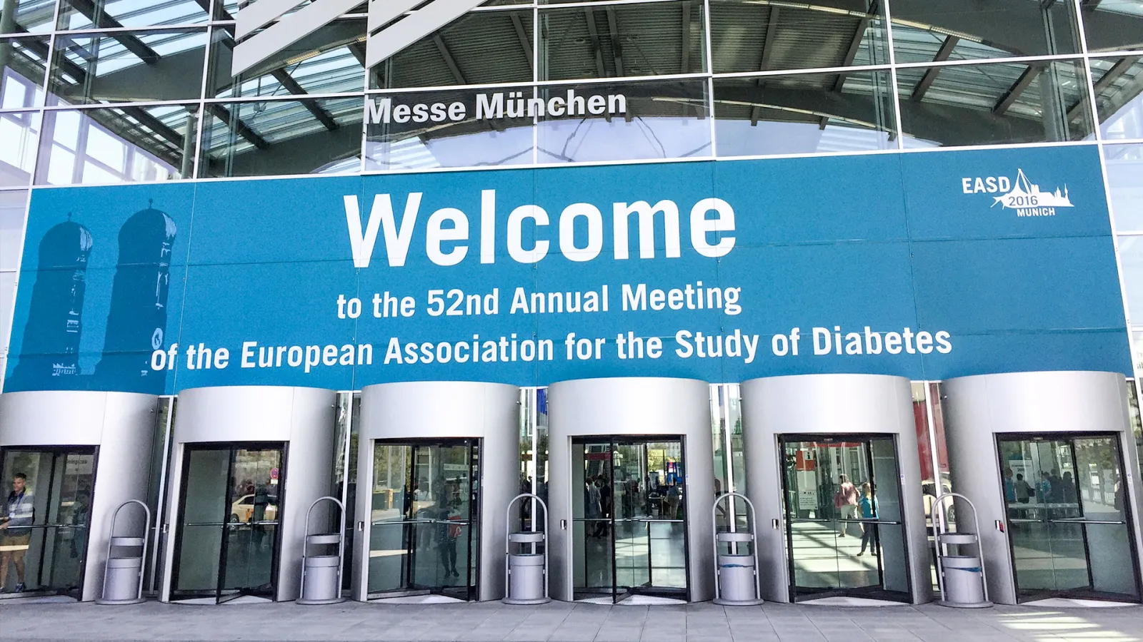 Entrance of Messe München with the welcome banner for the 52nd annual meeting of the European Association for the Study of Diabetes