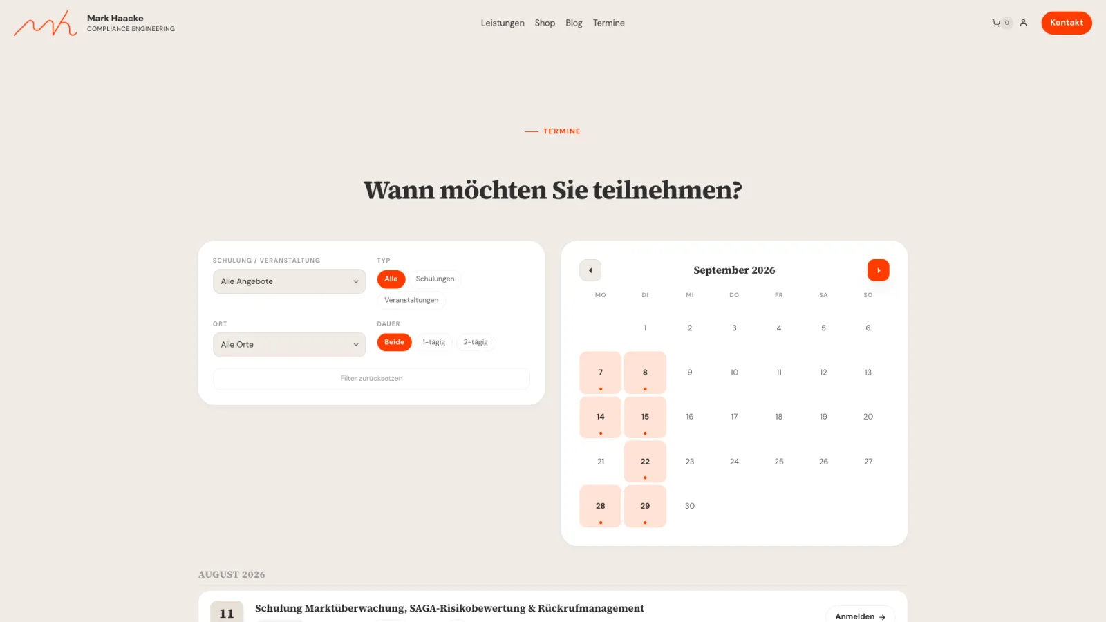 Training calendar with month view and filters for training type, format, location and duration