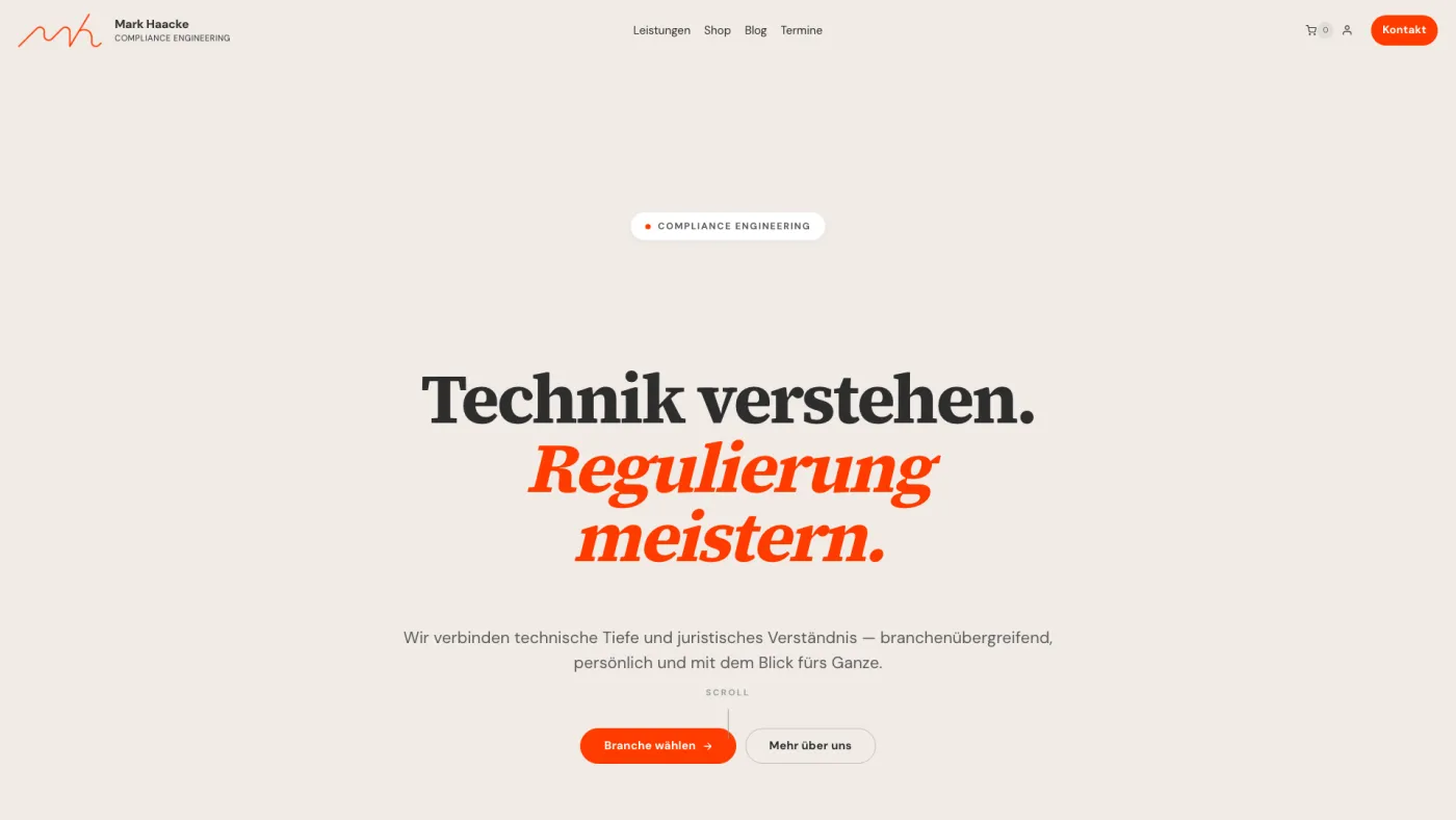 Homepage of Mark Haacke Compliance Engineering: “Technik verstehen. Regulierung meistern.” (Understand technology. Master regulation.)